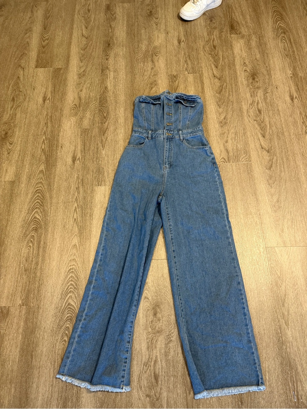 SHEIN Blue Denim Strapless Button Jumpsuit Small In Excellent Used Condtion